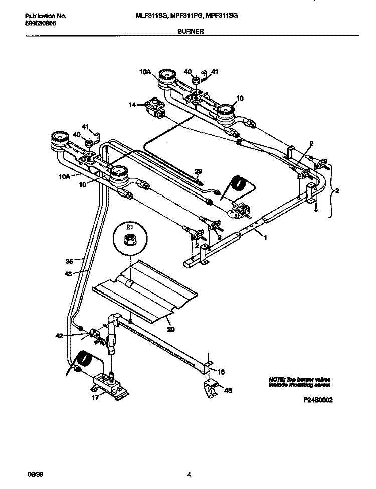 BURNER Diagram and Parts List for MLF311SGWA  Frigidaire Range