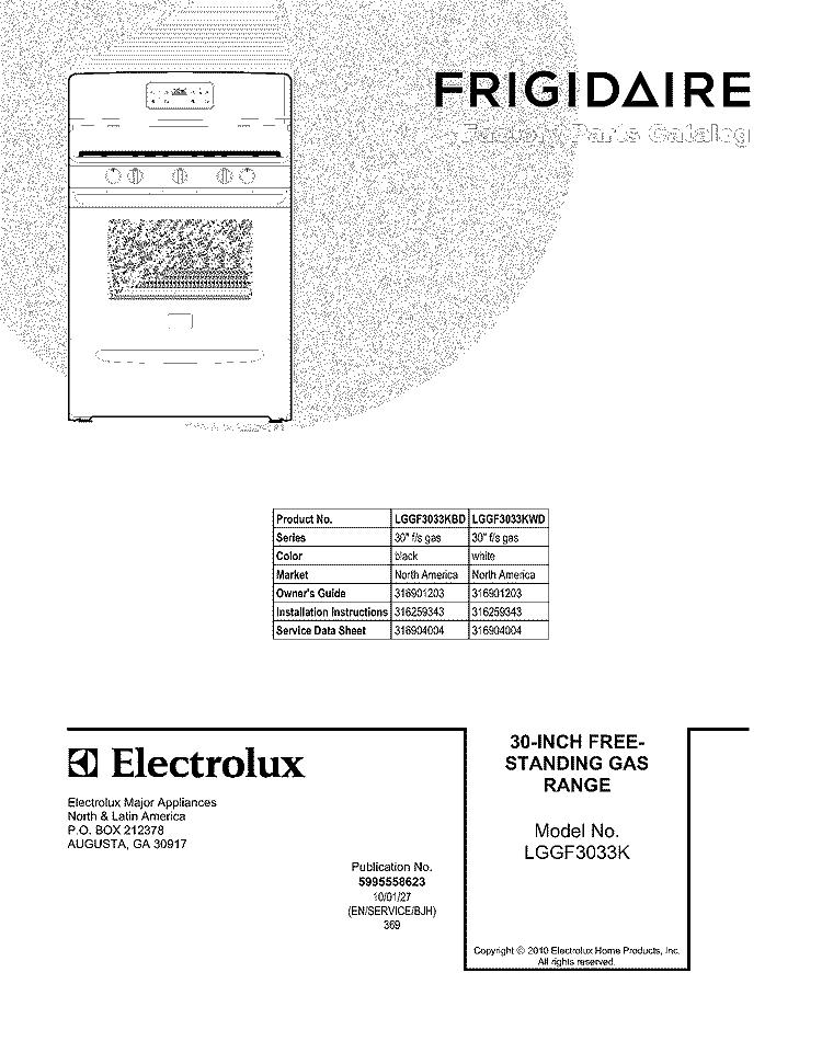 COVER Diagram and Parts List for LGGF3033KWD  Frigidaire Range