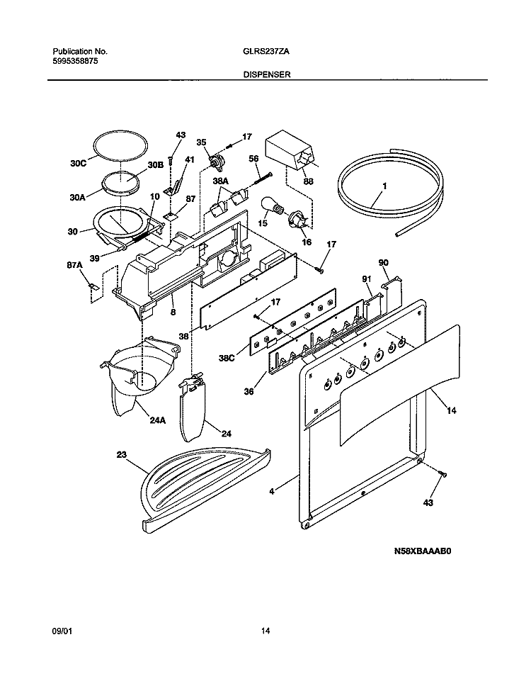 DISPENSER Diagram and Parts List for GLRS237ZAW2  Frigidaire Refrigerator