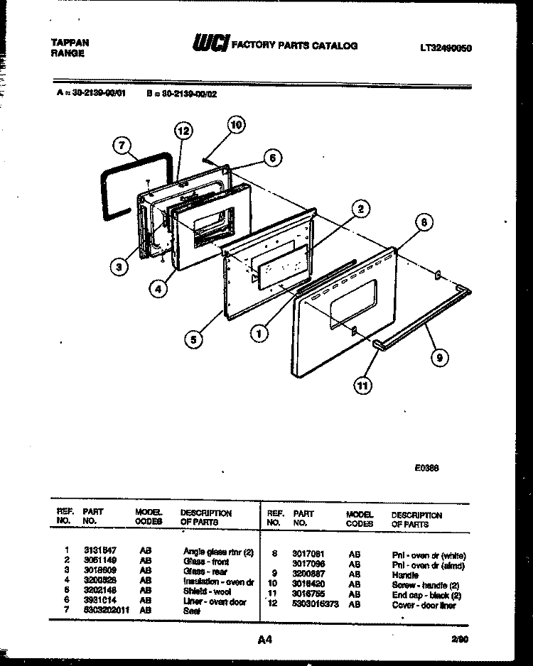 DOOR PARTS Diagram and Parts List for 30-2139-23-01  Tappan Range