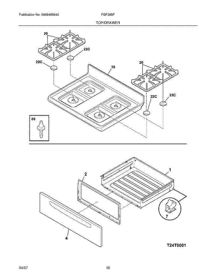 TOP / DRAWER Diagram and Parts List for FGF355FWE  Frigidaire Range