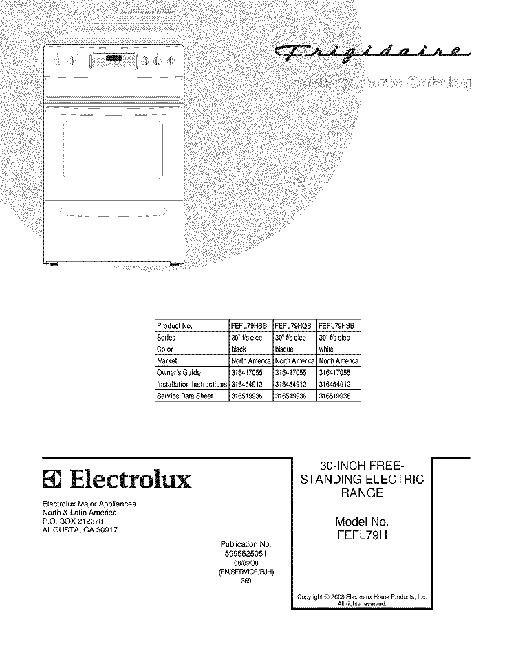 COVER Diagram and Parts List for FEFL79HBB  Frigidaire Range