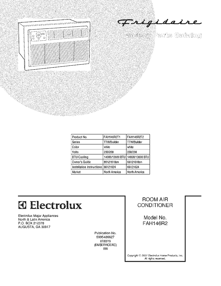 COVER Diagram and Parts List for FAH146R2T1  Frigidaire Air Conditioner