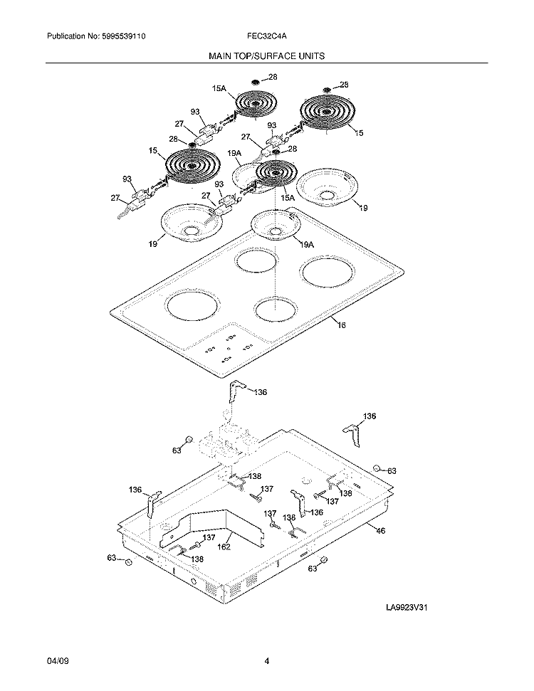 MAINTOP Diagram and Parts List for FEC32C4AS1  Frigidaire Cooktop