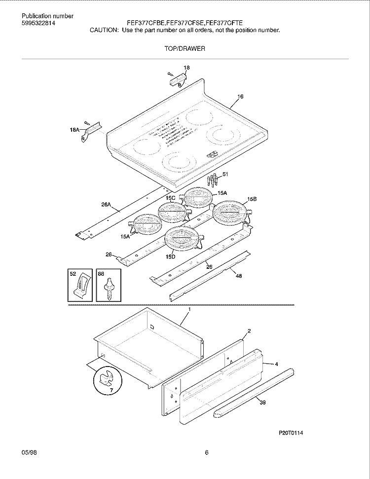 TOP / DRAWER Diagram and Parts List for FEF377CFBE  Frigidaire Range