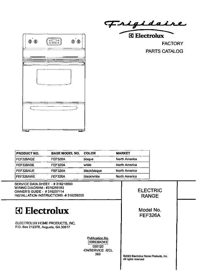 COVER Diagram and Parts List for FEF326AQE  Frigidaire Range