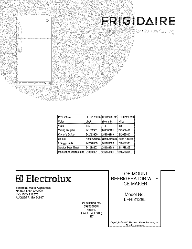 COVER Diagram and Parts List for LFHI2126LB0  Frigidaire Refrigerator