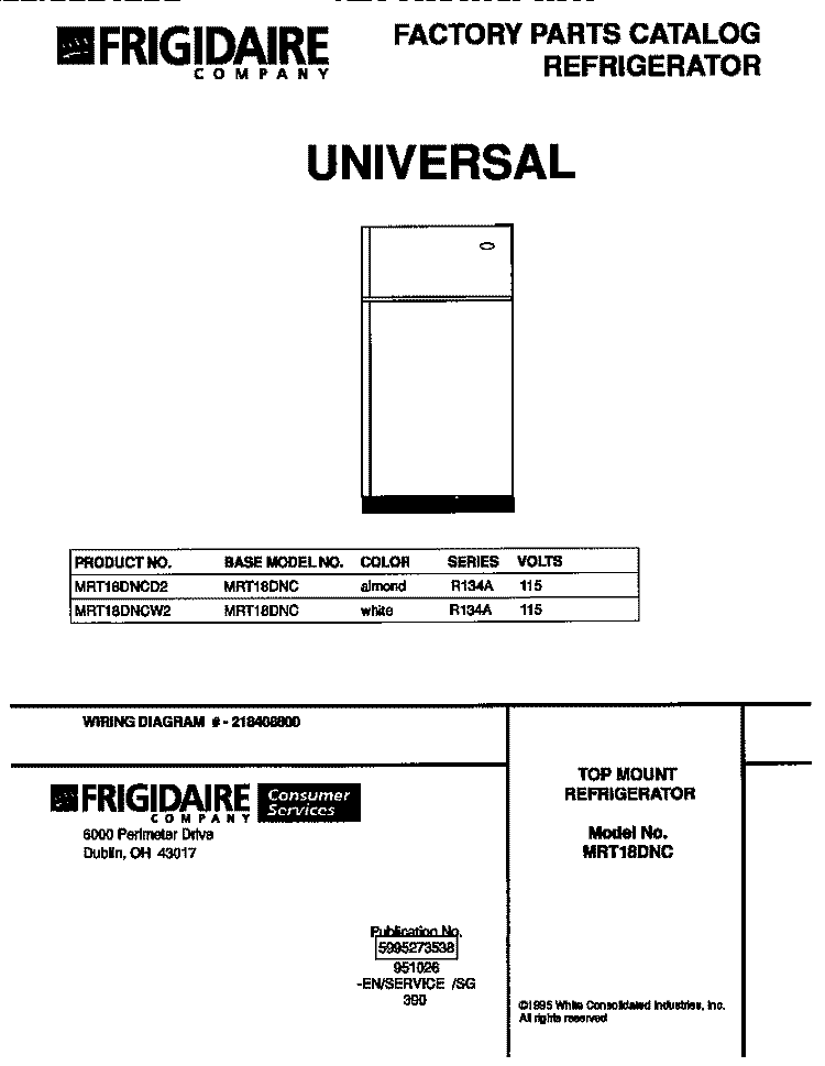 COVER Diagram and Parts List for MRT18DNCW2  Frigidaire Refrigerator