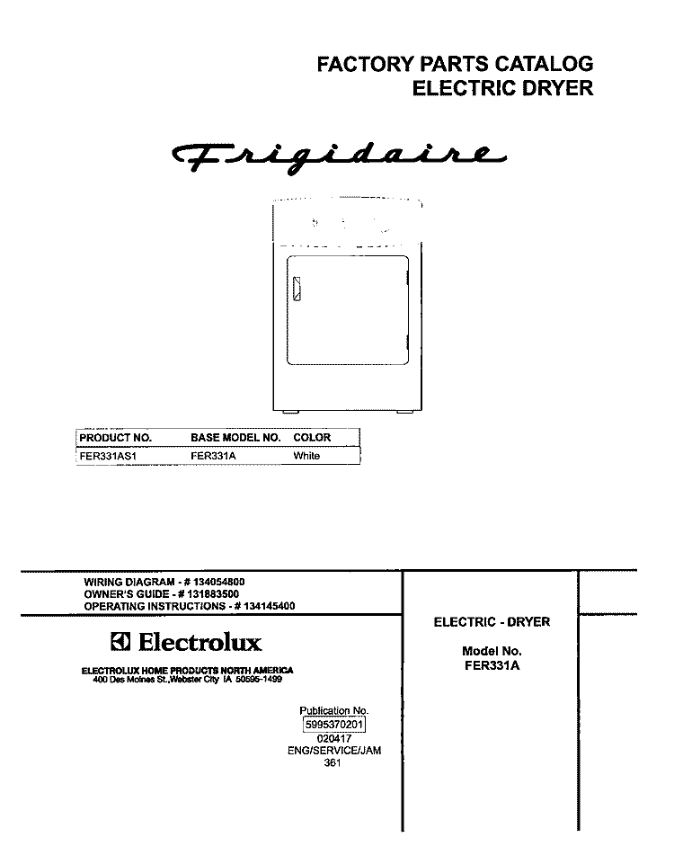 COVER Diagram and Parts List for FER331AS1  Frigidaire Dryer
