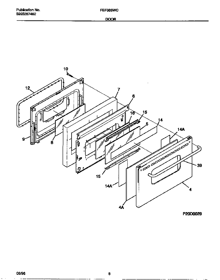 DOOR Diagram and Parts List for FEF388WCCE  Frigidaire Range