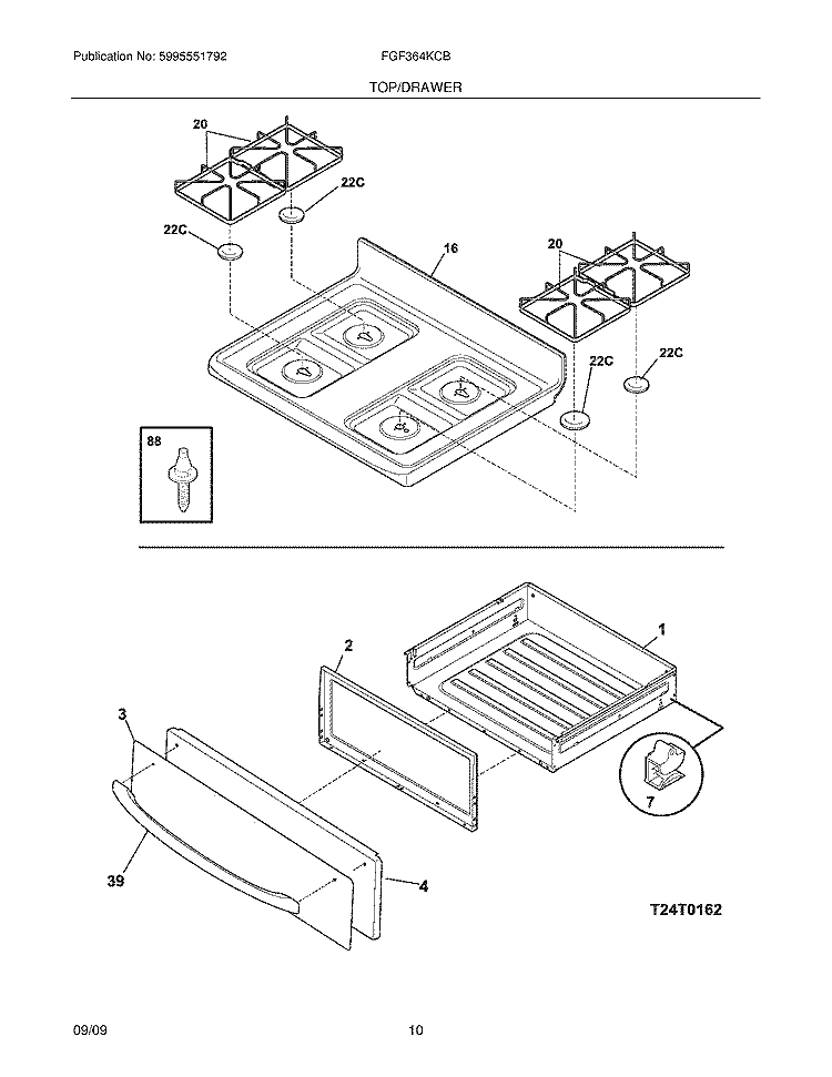 TOP/DRAWER Diagram and Parts List for FGF364KCB  Frigidaire Range