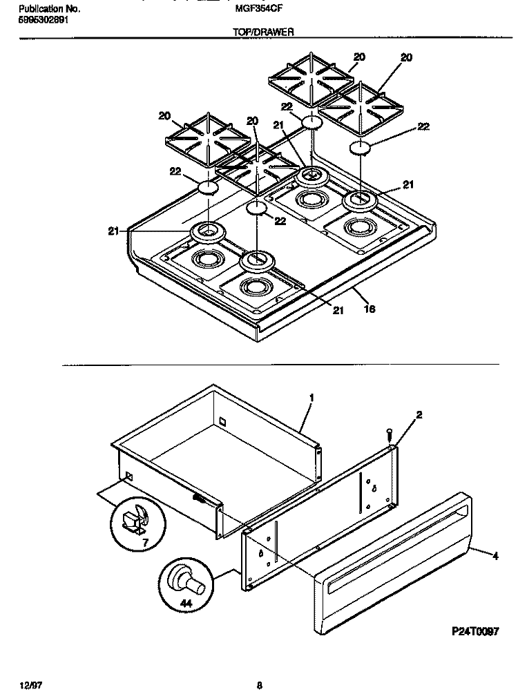TOP / DRAWER Diagram and Parts List for MGF354CFSD  Frigidaire Range