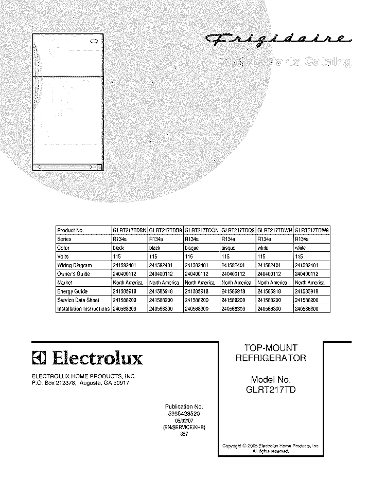 COVER Diagram and Parts List for GLRT217TDQ9  Frigidaire Refrigerator