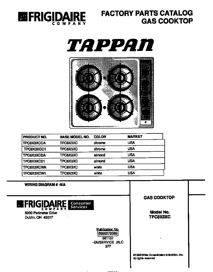 COVER Diagram and Parts List for TPC8X3XCW1  Tappan Cooktop