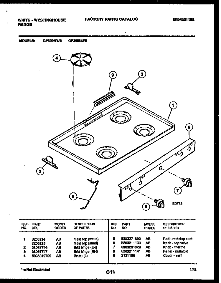 COOKTOP PARTS Diagram and Parts List for GF300NW5  Frigidaire Range