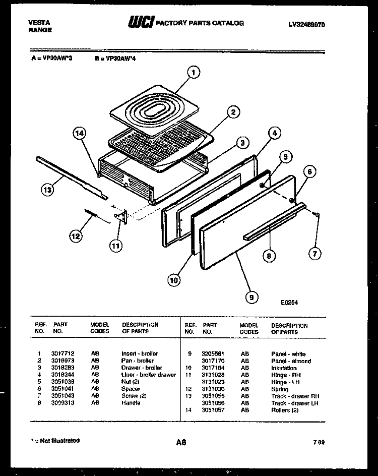 BROILER DRAWER PARTS Diagram and Parts List for VP30AW4  Tappan Range