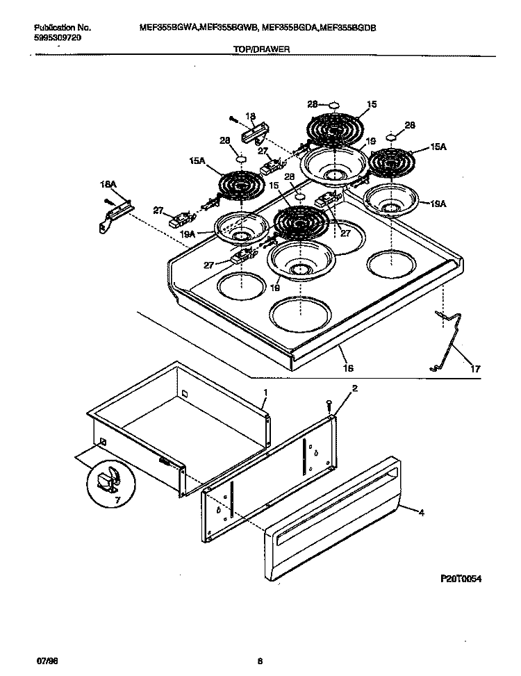 TOP / DRAWER Diagram and Parts List for MEF355BGDA  Frigidaire Range