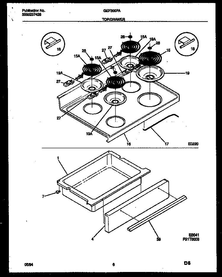 TOP / DRAWER Diagram and Parts List for GEF300PADA  Gibson Range