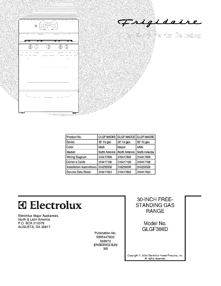 COVER Diagram and Parts List for GLGF386DBE  Frigidaire Range