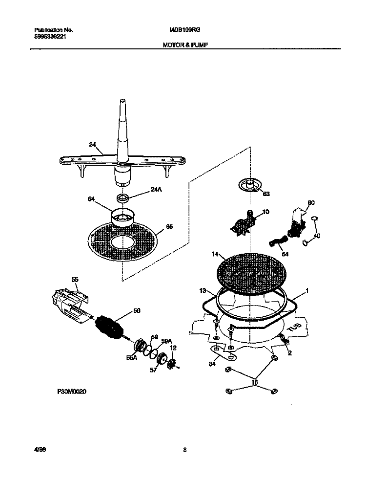 MOTOR & PUMP Diagram and Parts List for MDB100RGW0  Frigidaire Dishwasher