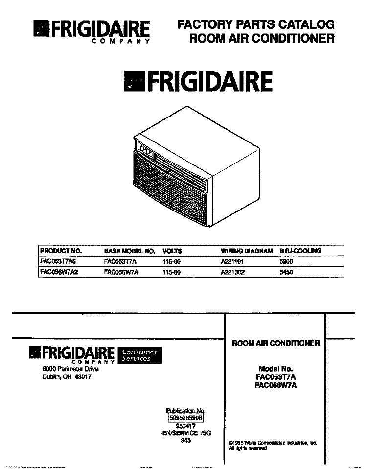 COVER Diagram and Parts List for FAC056W7A2  Frigidaire Air Conditioner
