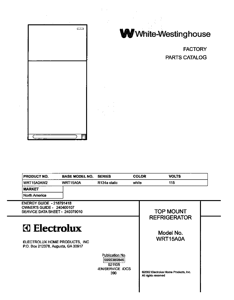 COVER Diagram and Parts List for WRT15A0AW2  Westinghouse Refrigerator