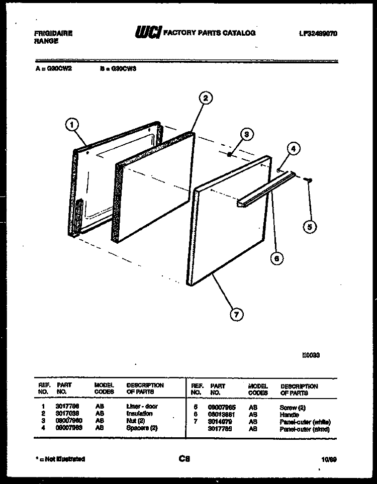 DOOR PARTS Diagram and Parts List for G30CL2  Frigidaire Range