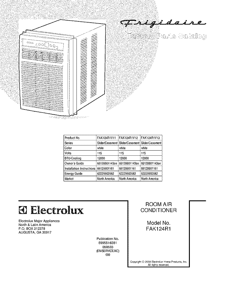 COVER Diagram and Parts List for FAK124R1V11  Frigidaire Air Conditioner