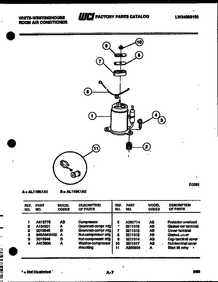 COMPRESSOR PARTS Diagram and Parts List for AL119K1A1  Frigidaire Air Conditioner