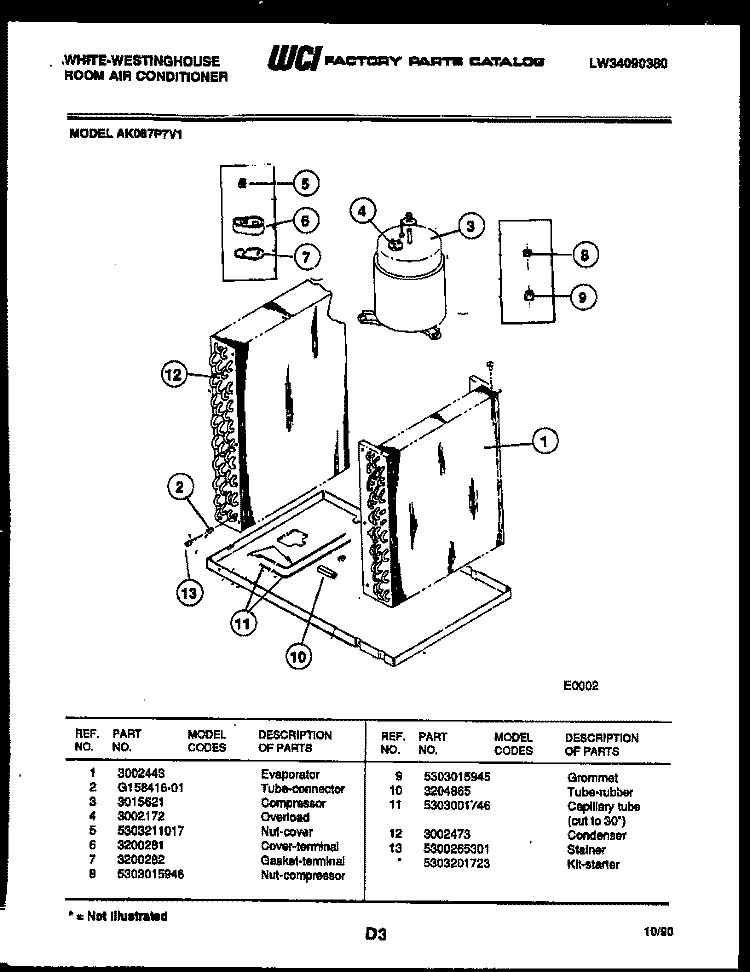 SYSTEM PARTS Diagram and Parts List for AK087P7V1  Frigidaire Air Conditioner