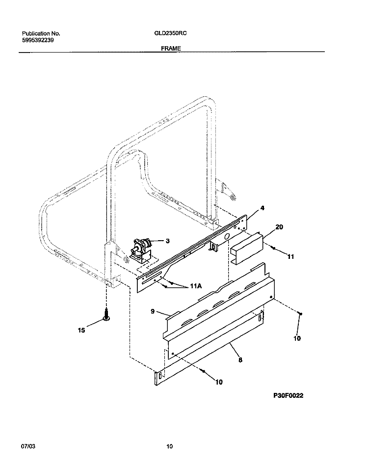 FRAME Diagram and Parts List for GLD2350RCQ0  Frigidaire Dishwasher
