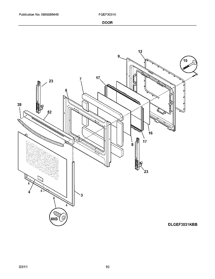DOOR Diagram and Parts List for FGEF3031KBE  Frigidaire Range