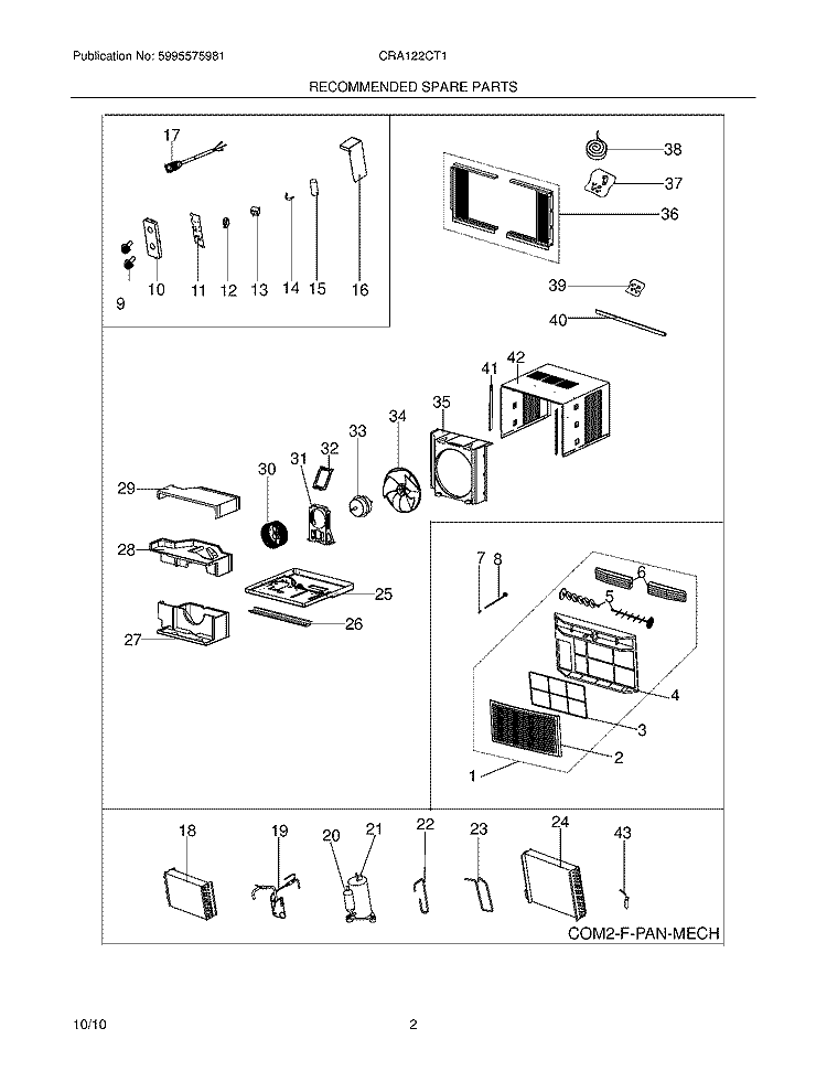 RECOMMENDED SPARE PARTS Diagram and Parts List for CRA122CT10  Frigidaire Air Conditioner