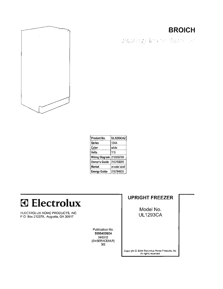 COVER Diagram and Parts List for UL1293CA2  Electrolux Freezer