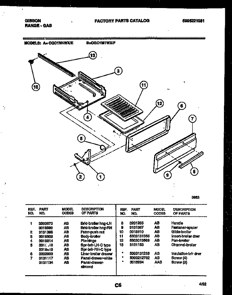 BROILER DRAWER PARTS Diagram and Parts List for CGC1M1WXE  Gibson Range