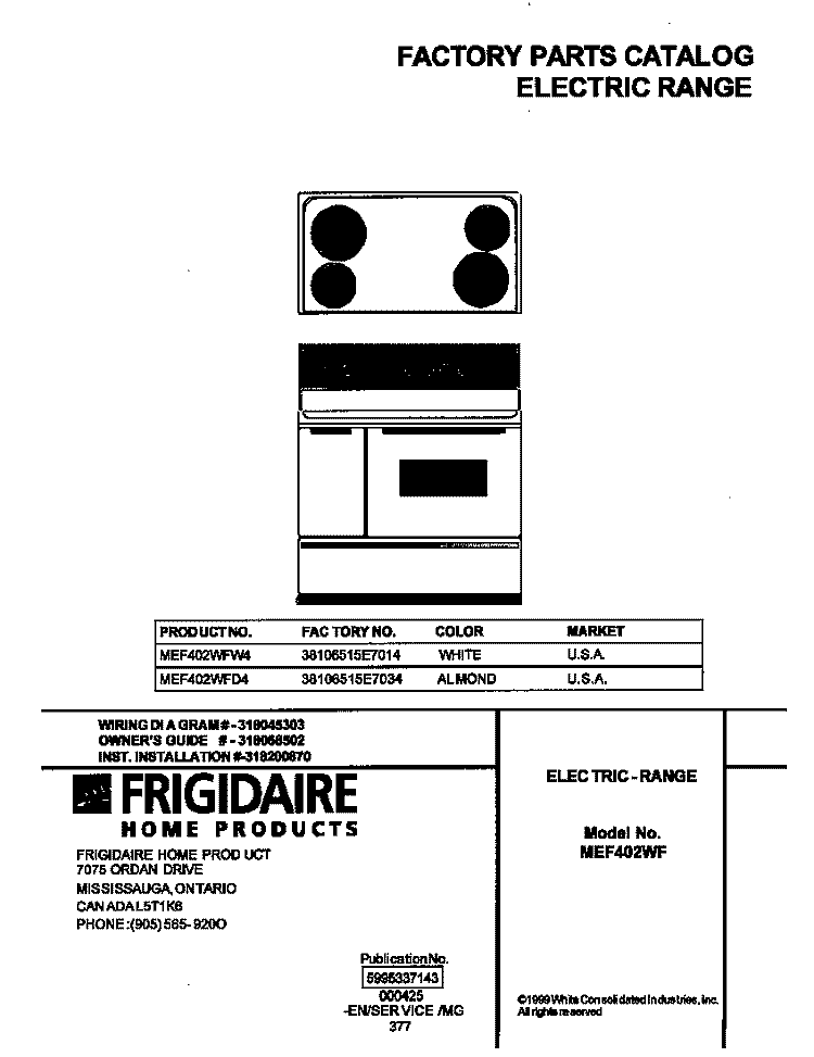 COVER Diagram and Parts List for MEF402WFW4  Frigidaire Range