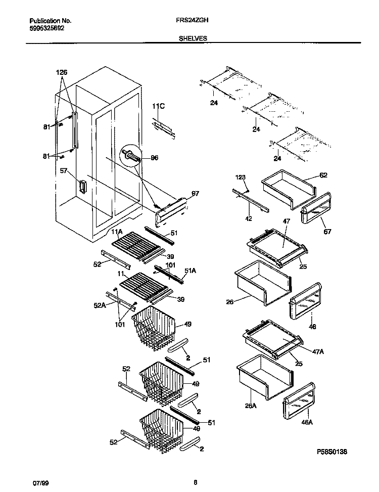 SHELVES Diagram and Parts List for FRS24ZGHD2  Frigidaire Refrigerator