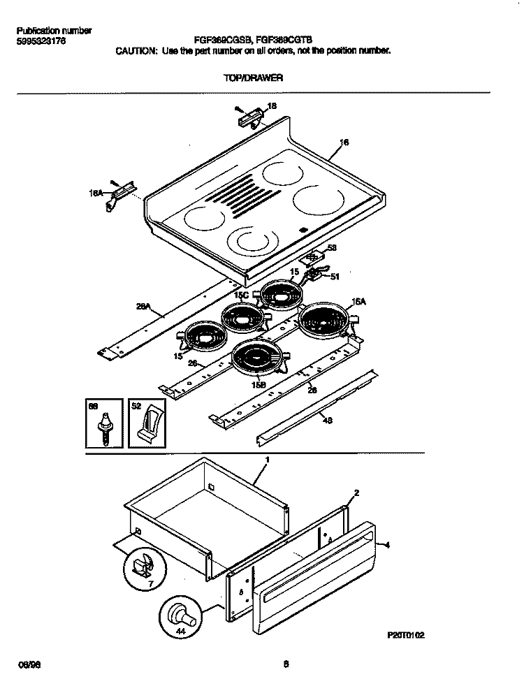 TOP / DRAWER Diagram and Parts List for FEF369CGTB  Frigidaire Range