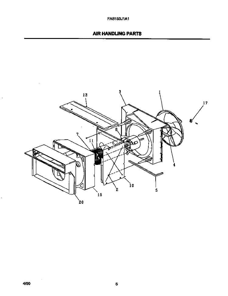 AIR HANDLING PARTS Diagram and Parts List for FAS153J1A1  Frigidaire Air Conditioner