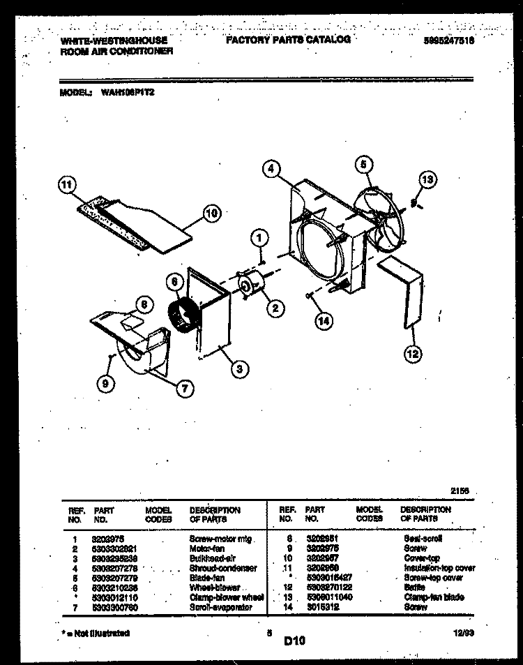 AIR HANDLING PARTS Diagram and Parts List for WAH106P1T2  Frigidaire Air Conditioner