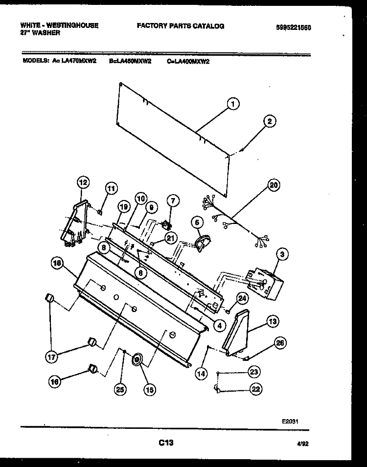 CONSOLE AND CONTROL PARTS Diagram and Parts List for LA400MXD2  Frigidaire Washer