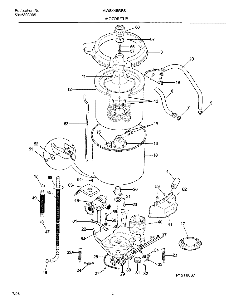 MOTOR / TUB Diagram and Parts List for MWS445RFS1  Frigidaire Washer