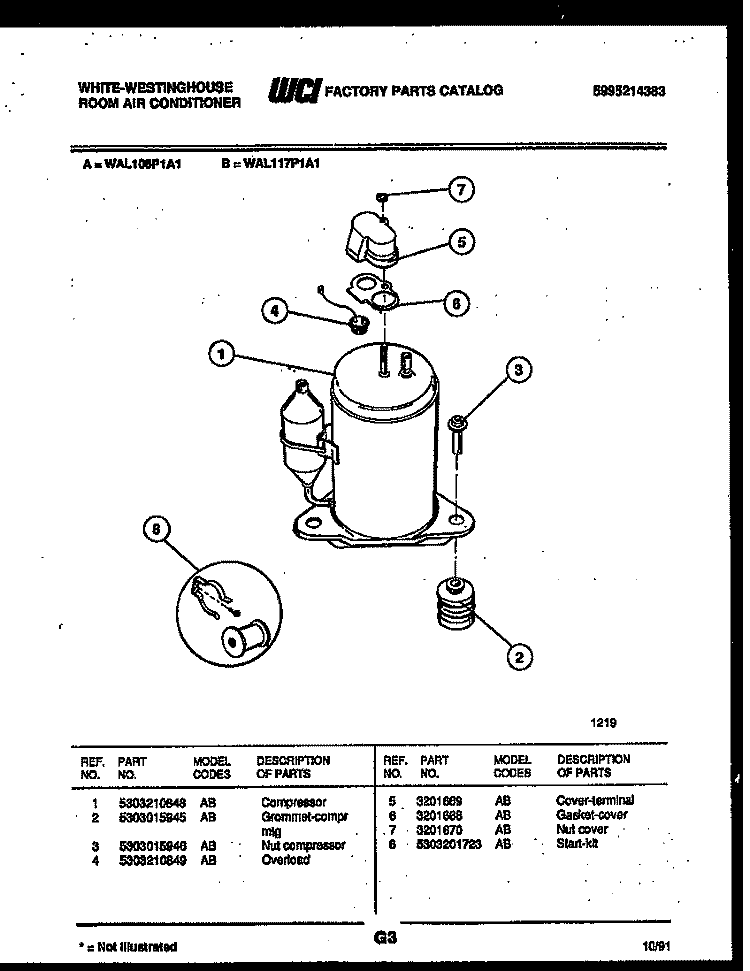 COMPRESSOR PARTS Diagram and Parts List for WAL106P1A1  Frigidaire Air Conditioner