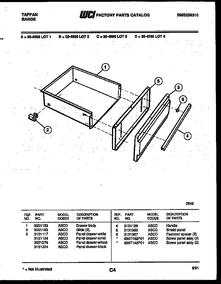 DRAWER PARTS Diagram and Parts List for 30-4998-23-02  Tappan Range