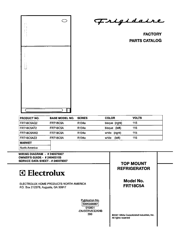COVER Diagram and Parts List for FRT18C5AZ2  Frigidaire Refrigerator