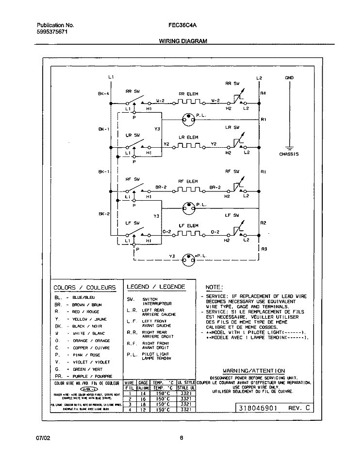 WIRING DIAGRAM Diagram and Parts List for FEC36C4ACC  Frigidaire Cooktop