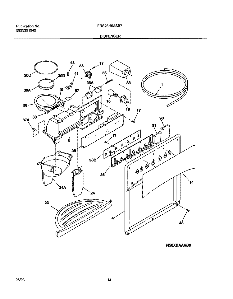 DISPENSER Diagram and Parts List for FRS23H5ASB7  Frigidaire Refrigerator