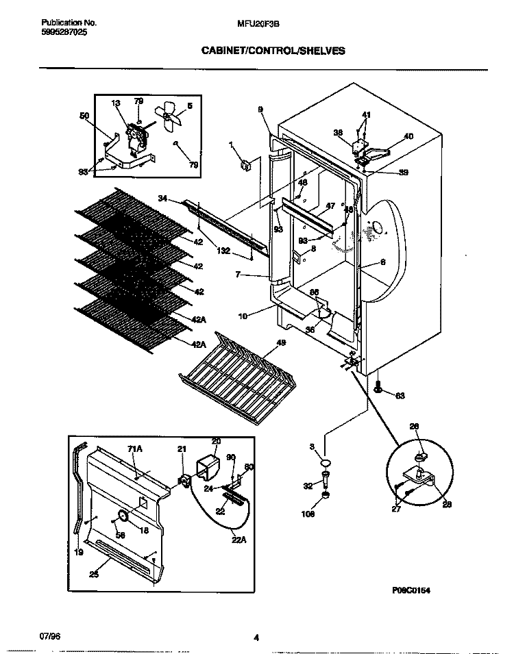 CABINET / CONTROLS / SHELVES Diagram and Parts List for MFU20F3BW5  Frigidaire Freezer
