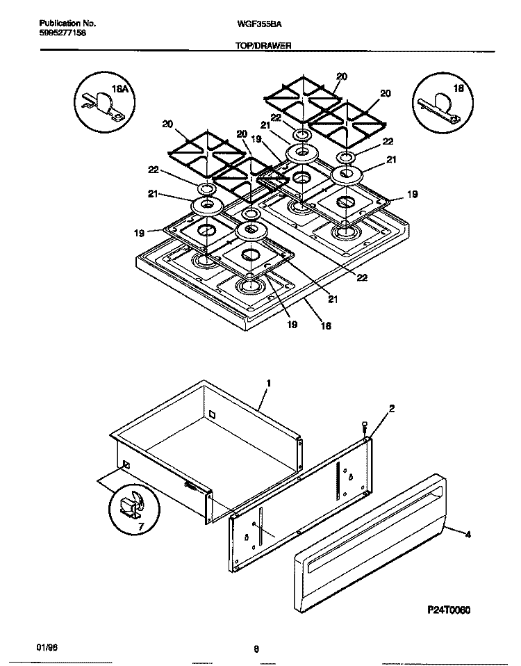 TOP / DRAWER Diagram and Parts List for WGF355BADF  Frigidaire Range
