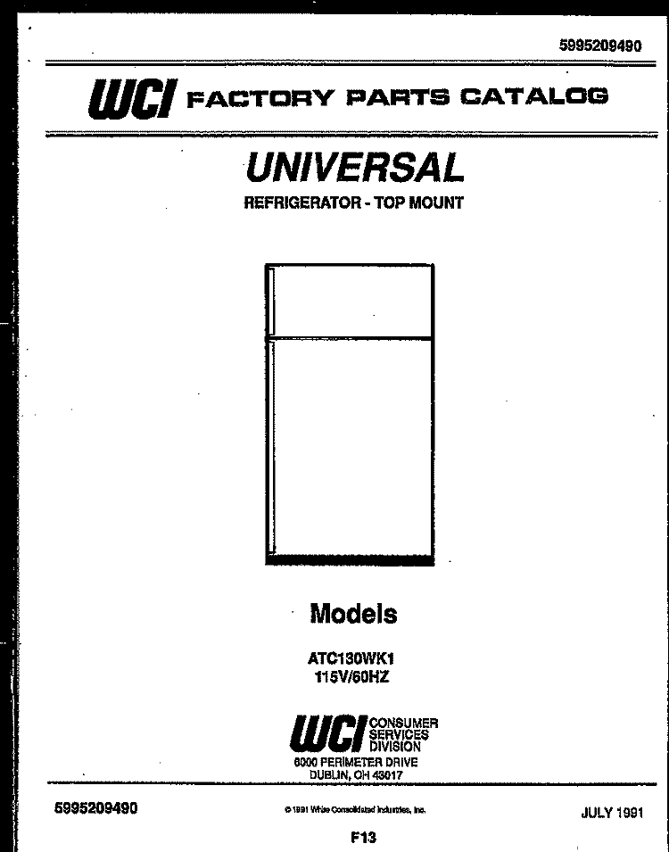 COVER Diagram and Parts List for ATC130WKD1  Uni Refrigerator